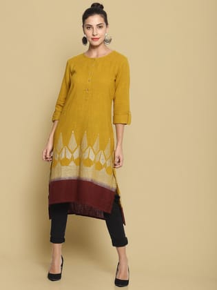 Yellow Dip Dye Kurta With Khadi Print-S