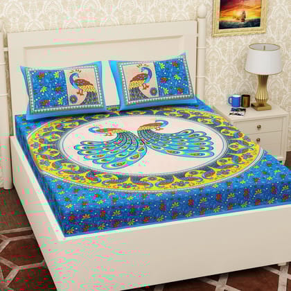 3001-Hometrade India-Standard King Size (90*108 Inches)-Pure Cotton Jaipuri Double Bedsheet With Matching Pillow Cover