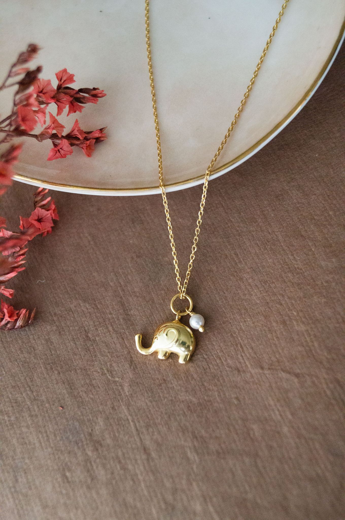 Cute Elephant With Pearl Sterling Silver Charm Pendant With Chain-Gold / 18 inches Adjustable upto 20 inches