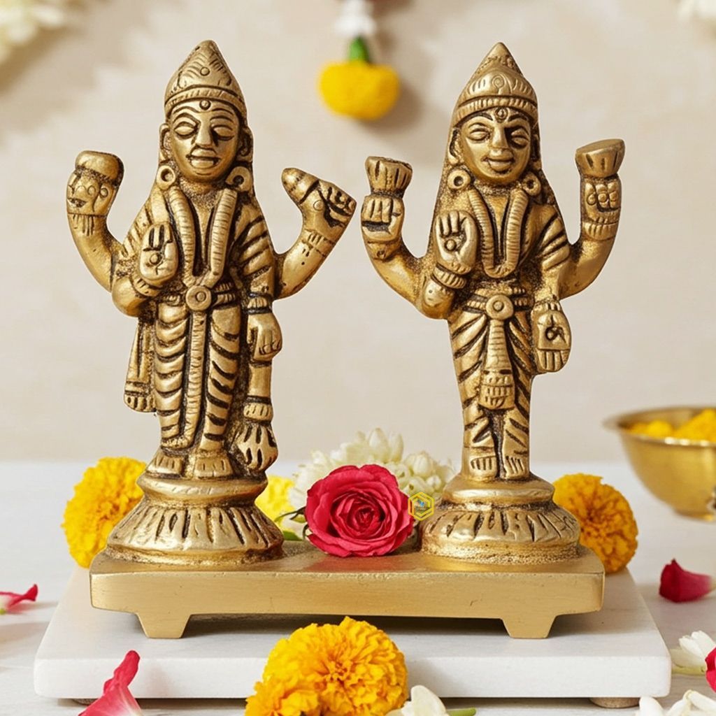 Brass Vishnu Laxmi Ji Idol Statue - Divine Temple Decor, Height : 2.5 Inch (BSMAS1392 B)