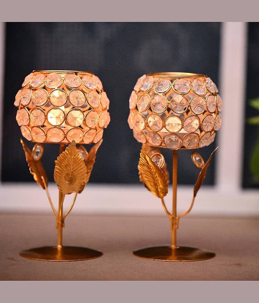 Fashion Bizz Crystal Flower Double Gold Floral Tealight Holder Set