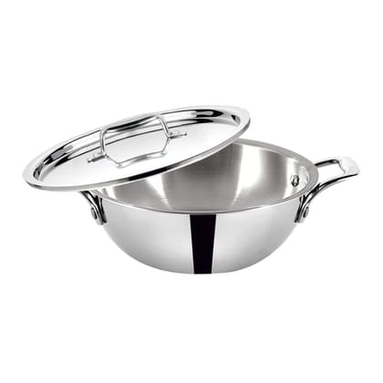 BALTRA Triply Stainless Steel Kadhai with Lid | Perfect Kadhai for Curry/Stir-Fry/Deep-Fry/DryVeg/Saute Induction Friendly Naturally Non-Stick | 5 Years Warranty, 26cm, 3.5 litres Kadai for Cooking