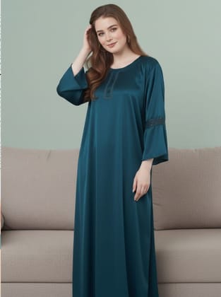 Women’s Full-Length Teal Satin Nighty with Bell Sleeves