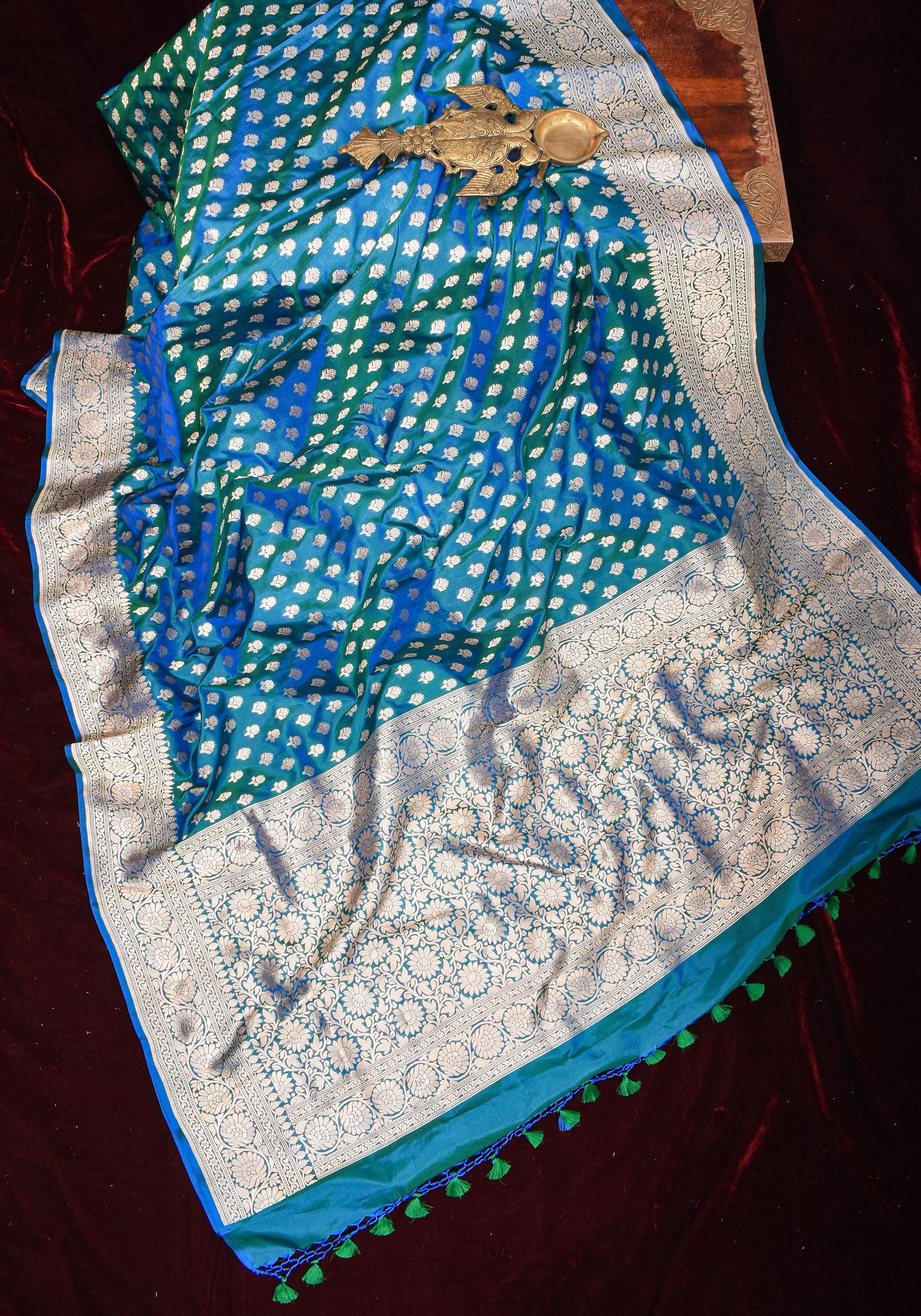 Banarasi Katan Silk Saree in Peacock Blue and Green dual tone with Floral Motifs and zari border | SILK MARK CERTIFIED