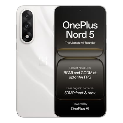 OnePlus Nord 5 | Snapdragon 8s Gen 3 | Stable 144FPS Gaming | Dual 50MP Flagship Camera | Powered by OnePlus AI | 8GB + 256GB | Marble Sands OnePlus Nord 5 | Snapdragon 8s Gen 3 | Stable 144FPS Gaming | Dual 50MP Flagship Camera | Powered by OnePlus AI |