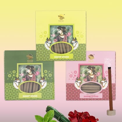 Nandi Panchgavya 100 Percent Cow Dung Dhoop Sticks for Pooja with Stand (Tulsi, Lemongrass, Rose Fragrance - Pack of 3,150 Sticks)