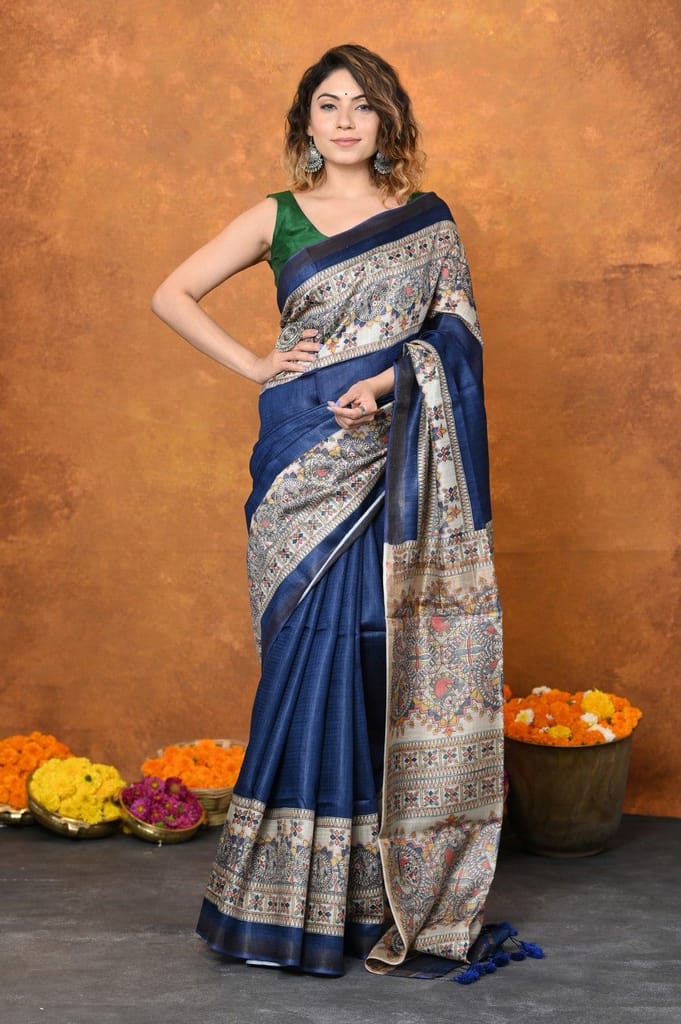 Designed By VMI~ Handloom Pure Tussar Silk Saree With Beautiful Madhubani Print~ Blue - Sarees | Buy online on ZillyBuy