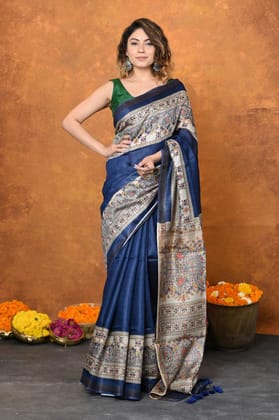 Designed By VMI~ Handloom Pure Tussar Silk Saree With Beautiful Madhubani Print~ Blue