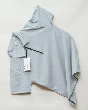 Light Grey | Pique Square Grid | Polo Zipper T-Shirt-M