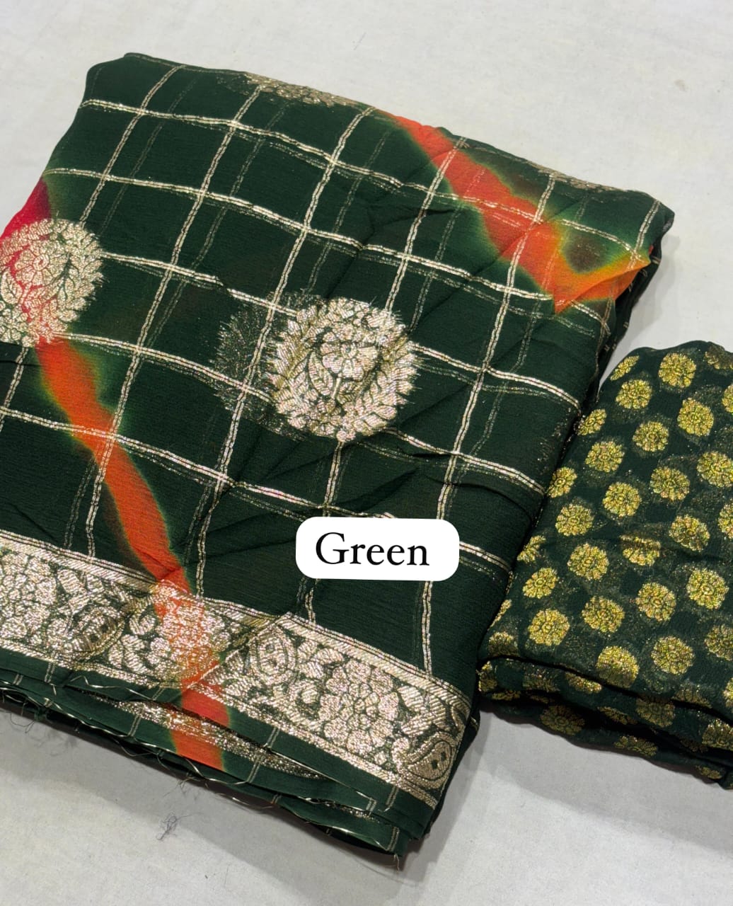 Pure  jorhat fabric with beautiful Jaipuri  bandej  malti shades lahriya  all over and hand Malti daing  zari havvy raning bp suppr saree