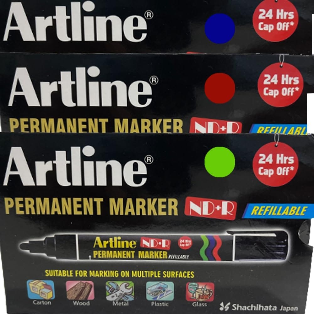 Artline ND + R Permanent Marker Pack of 10 (Blue, Red, Green Colours) | For 24 HRS Without Drying Out