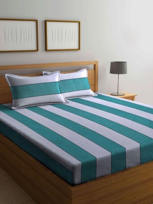 Green & Grey Striped 300 TC 1 King Bedsheet with 2 Pillow Covers