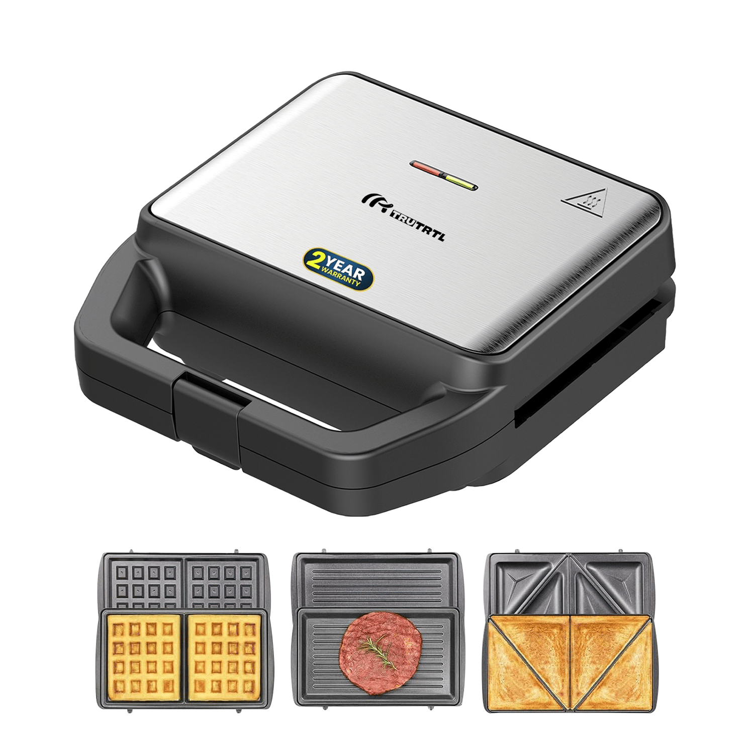 truTRTL 3-in-1 Grill, Sandwich, Waffle Sandwich Maker | Removable Plates with German GREBLON Non Stick coating | 800W | Auto Cut-Off | Silver