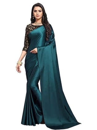 Generic Women's Satin Saree with Blouse (Turquoise, 5 - 6 Mtrs)