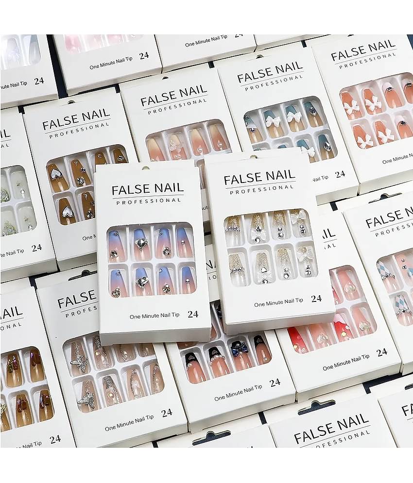 Lenon Acrylic Glossy Designer Press On Fake Nails Pack of 2- 24 count (Assorted Color)