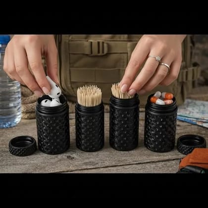 Compact Cylindrical Travel Storage Containers, Black, Bio-Degradable Plastic, 8.5cm x 3cm, Honeycomb Pattern, Multi-Purpose Organizer, 4 Pack