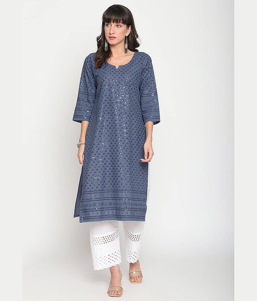 Queenley - Grey Cotton Women's Straight Kurti ( Pack of 1 )