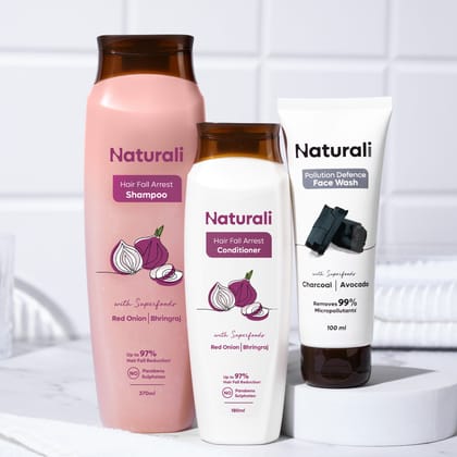 Naturali Hair Fall Arrest Shampoo + Hair Fall Arrest Conditioner + Pollution Defence Facewash-370ml+180ml+100ml