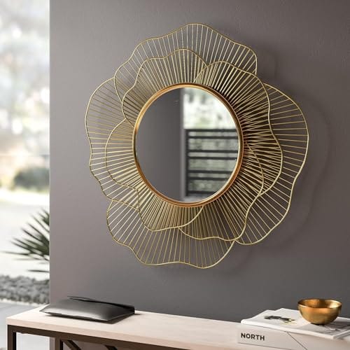 Wall Mounted Hanging Sculpture | Metal Golden Rose Design Modern Art Mirror | Framed Home Decor Accent for Living