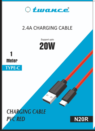 Twance N20R TPE - USB to Type C, 2.4A charging  Cable,1 Meter, Red Color