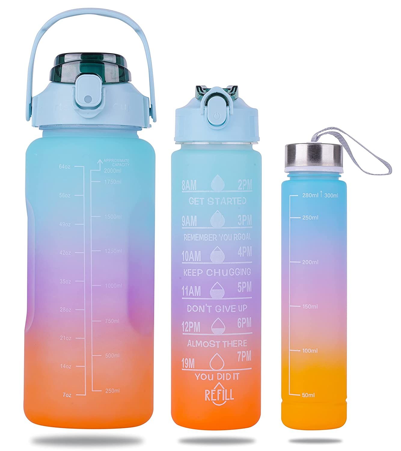 Set of 3 Water Bottle with Motivational Time Marker