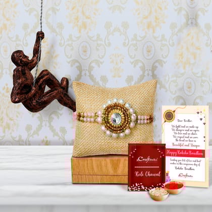 Designer Handcrafted Stone Pearl Rakhi with Man Trying to Climb Decorative Wall Hanging Statue and Roli Chawal Pack, Best Wishes Greeting Card
