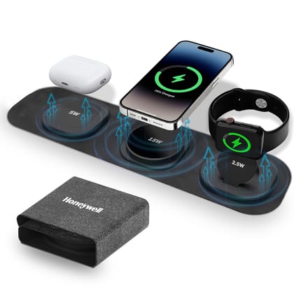Honeywell Zest Wireless 3-in-1 Magnetic Foldable MagSafe Compatible 23W Wireless Charger for iPhone 12-15, Supports QC 3.0, All Apple Watch Series