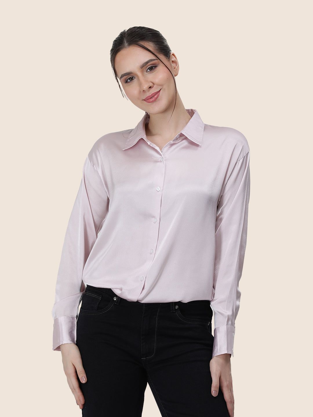 Baby Pink Regular Fit Summer Satin Shirt-L
