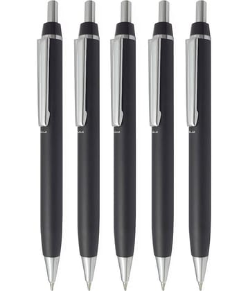 UJJi Black Color Click on and Off Matte Finish Body Pack of 5 Retractable (Blue Ink) Metal Ball Pen