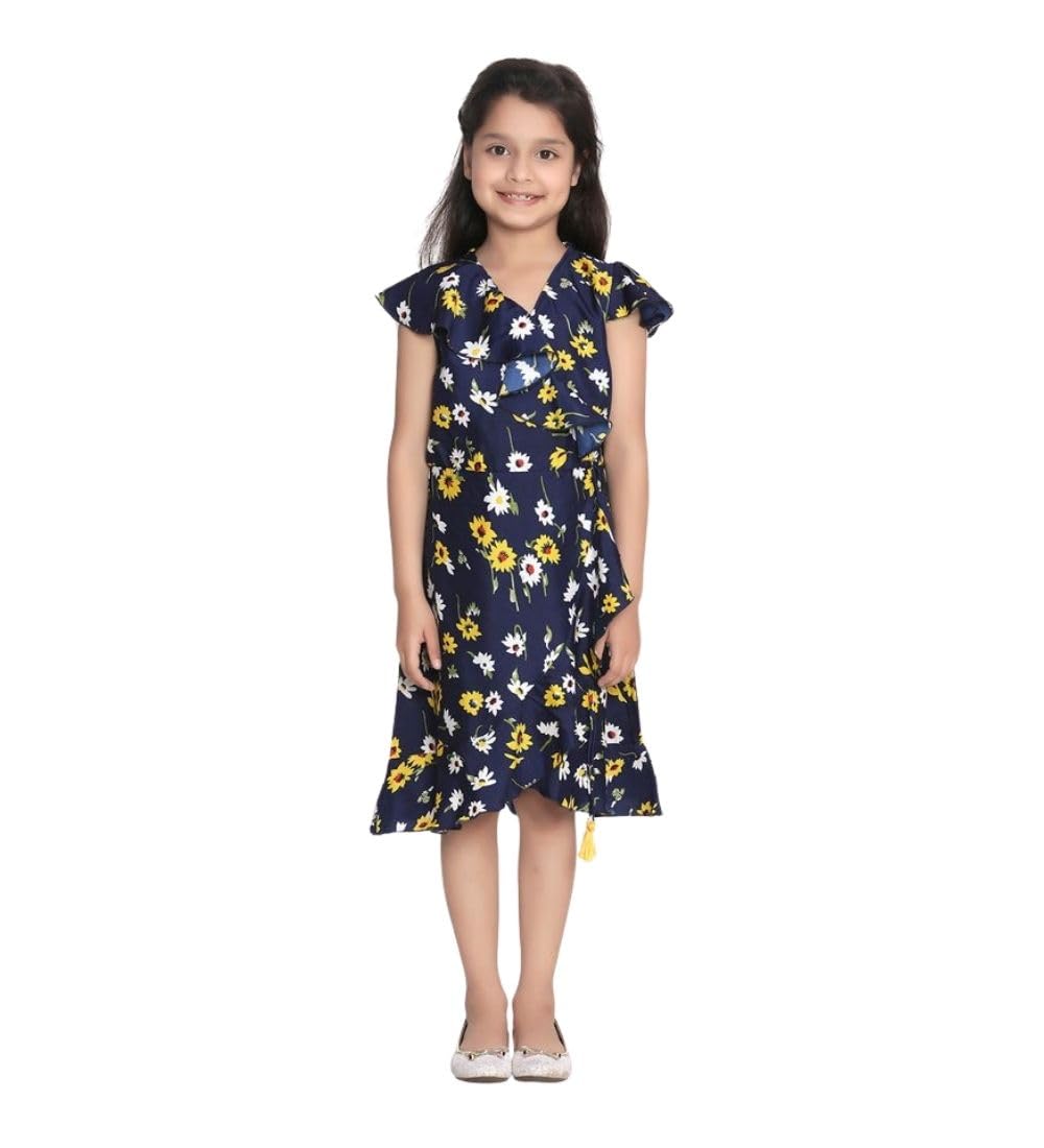 Girl's Polyester Crepe Polka Cold Shoulder Dress (Navy Blue, 5-6-Yrs)-PID66017