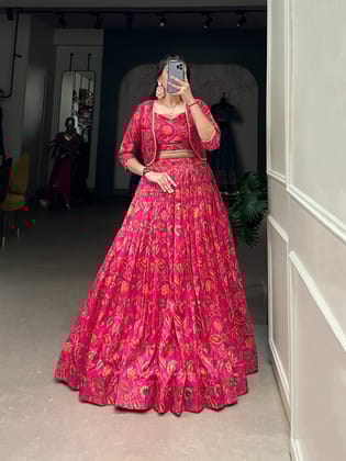 Tussar Silk Floral Print Gota Patti work Lehenga Choli Set (Ready to Wear)-Free Size