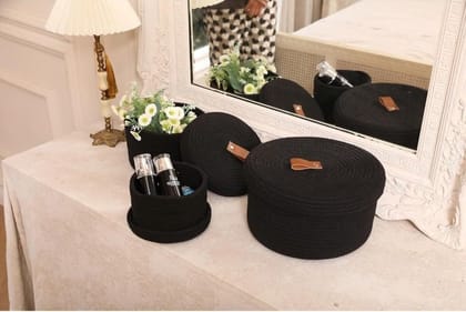 Generic Cotton 3 Pcs Set Roti Box Storage Basket With Lid (Black)-PID66359 Generic Cotton 3 Pcs Set Roti Box Storage Basket With Lid (Black)-PID66359