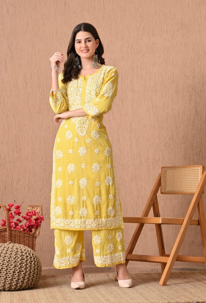 Hand Embroidered Chikankari Plazo Set 3d Work- Yellow