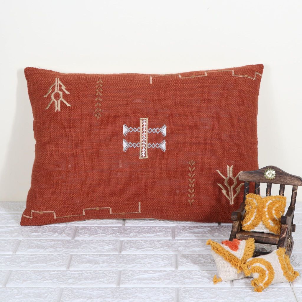 Indihomecraft Brick Red Cushion Cover Hand Woven Cactus Inspired Decorative Boho Cushion Cover for Sofa Couch Swing Chair Living Room & Bedroom 14 x 20 Inches, Set of 1