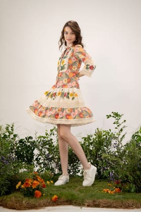 BELL SLEEVES PINK EMBROIDERED A-LINE TUNIC DRESS-CREAM / M
