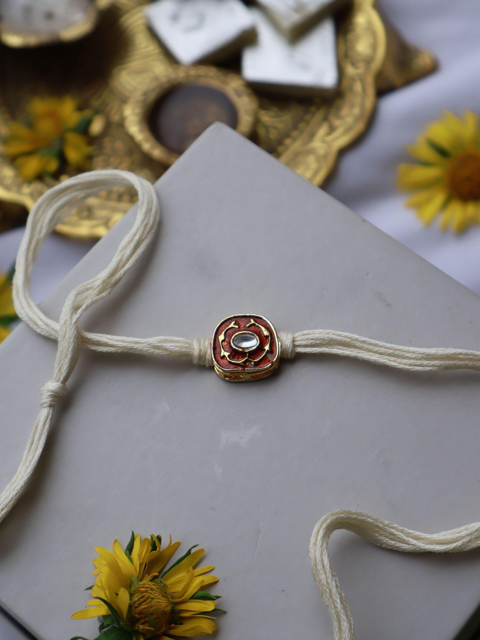 Shwet Orange Kundan Rakhi-Orange