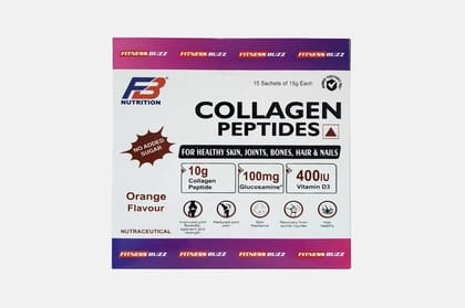 Fitness Buzz Nutrition I Collagen Peptides I No Added Sugar I For Healthy Skin I Joints I Bones I Hair & Nails I 10g Collagen Peptide I 100mg Glucosamine I 400IU Vitamin D3 I Nutraceutical I Orange I 15 Sachets Of 15G Each