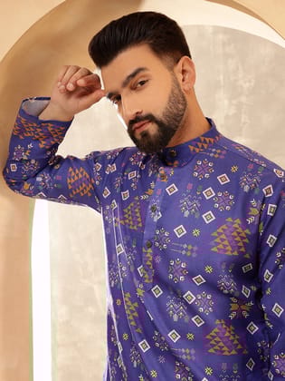 Men's Cotton Linen Ethnic Motifs Printed Blue Only Long Kurta-36