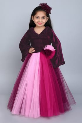 PinkChick Multicolor Velvet Gown -Burgundy-1-2y / Burgundy
