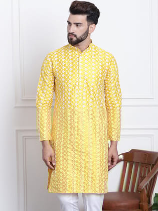 Men's Silk Blend Yellow Embroidered ONLY Long Kurta-36