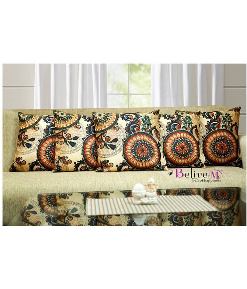 Belive-Me Set of 5 Jute Print Cushion Covers Rangoli Themed 40X40 cm (16X16 inch)