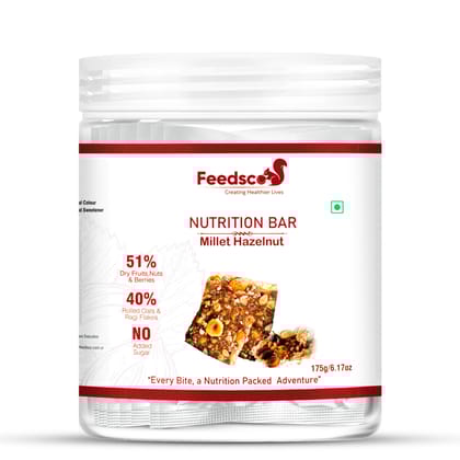 Feedsco Millet Nutri Bar Hazulnut- Energy Bar | Wholegrains and nuts | No added Sugar | No Preservatives | Hazelnut, Millets & Almond Nutrition Bar, 25 gm Each - Pack of 7