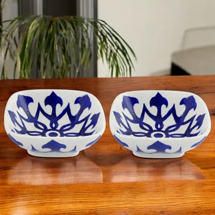 Set of 2 Floral and Geometric Pattern Blue Pottery BowlsWhite6 Set of 2 Floral and Geometric Pattern Blue Pottery BowlsWhite6