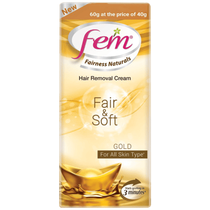 Fem Fairness Naturals Hair Removal Cream Fair & Soft - Gold, All Skin Types, 40 gm