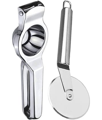 OC9 Silver Stainless Steel Lemon Squeezer+Pizza Cutter ( Set of 2 )