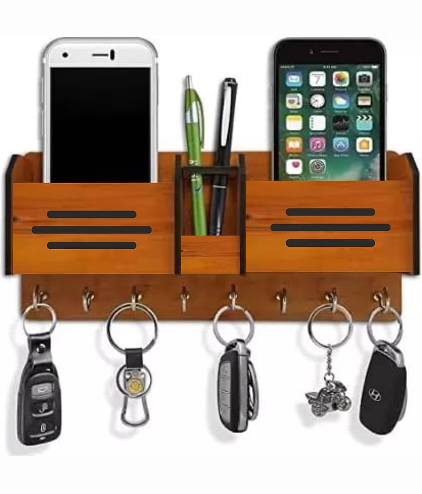 Big Boss Enterprises Simple Design with 2 Pocket Mobile Holder, Pen Stand Wood Key Holder Stand (8 Hooks, Brown)
