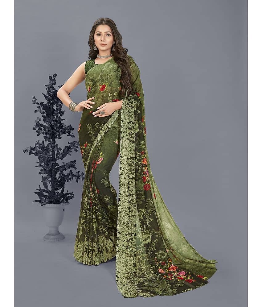ANAND SAREES Georgette Printed Saree With Unstitched Blouse Piece ( Green )