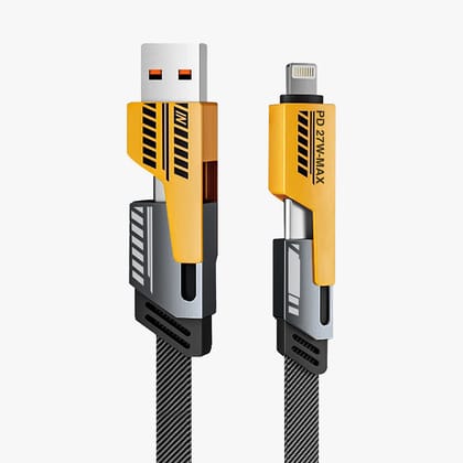 POWERUP QuadMax 27W Zinc Alloy 4IN1 Cable USB A | Type C to Type C | Lightning 1.2 Mtr / 120 cm - Yellow