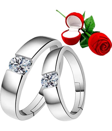 Silver Plated Adjustable Couple Rings Set for lovers Ring with 1 Piece Red Rose Gift Box  for Men and Women