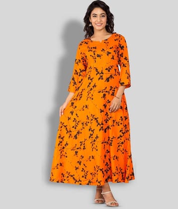Frionkandy Women Rayon Printed Fit & Flare Dress ( Orange )